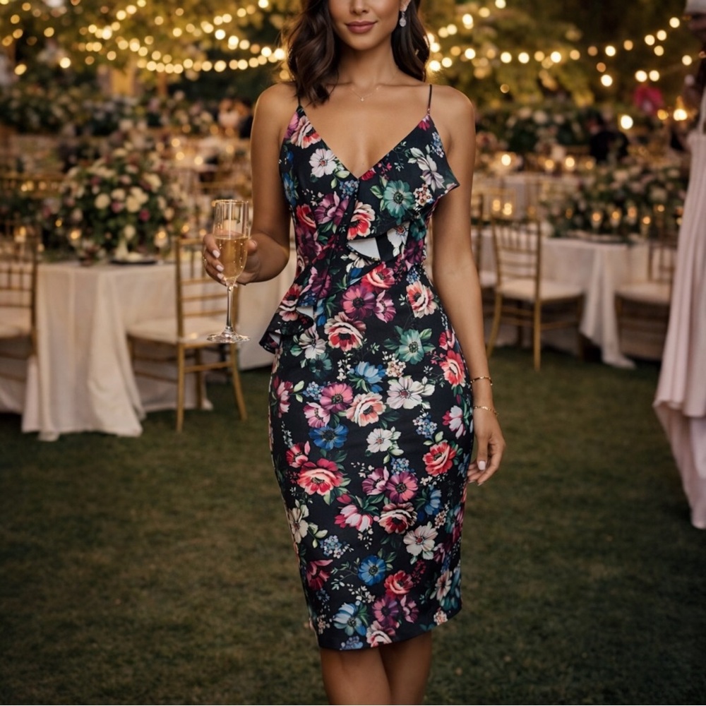 Black Halo Black Floral Ruffle-Front Midi Dress with Multicolor Blooms